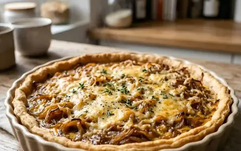 Une délicieuse quiche oignons fromage, dorée et gratinée, garnie de thym frais. Parfaite pour un repas réconfortant.