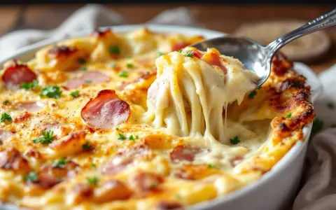 Un gratin d'endives à la béchamel réconfortant, avec du fromage fondant et des lardons croustillants. Une cuillère en prélève une portion généreuse.