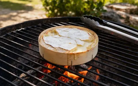 Un camembert au barbecue fond sur les braises. Des pinces à barbecue sont posées à côté, prêtes à servir ce délice crémeux.