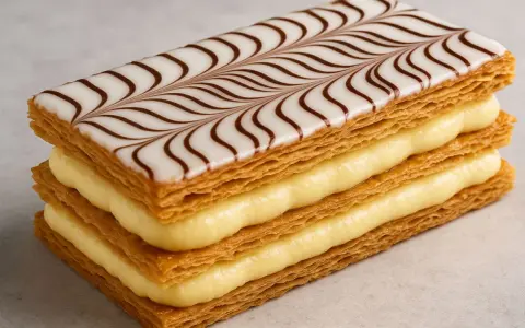 Un millefeuille croustillant avec une crème pâtissière onctueuse et un glaçage blanc décoré de volutes chocolatées.