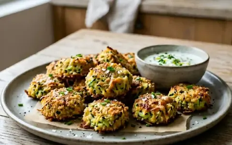 Petits beignets de courgettes dorés, parfaits pour un apéritif facile. Servi avec une sauce crémeuse.
