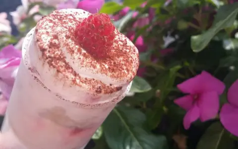 Un tiramisu framboise rapide et facile, garni d'une framboise fraîche et de cacao, avec des fleurs roses en arrière-plan.