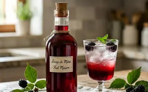 Bouteille de sirop de mûres fait maison à côté d'un verre de boisson pétillante aux mûres et à la menthe.