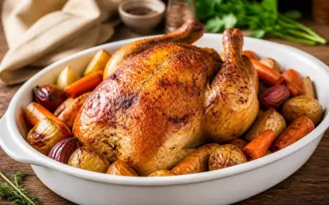 Canette rôtie dorée, entourée de carottes, pommes de terre et oignons. La meilleure recette canette au four pour un repas savoureux.