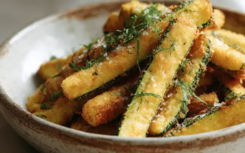 Frites de courgette dorées et croustillantes, saupoudrées d'herbes fraîches et de gros sel, servies dans un bol rustique. Un délice !