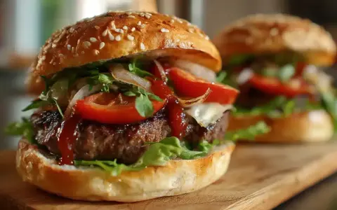 Délicieux hamburger maison, avec steak juteux, fromage fondant, tomates fraîches, oignons caramélisés et laitue croquante. Une recette parfaite pour un repas gourmand.