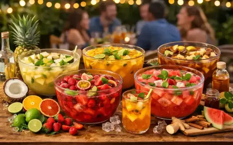 Plusieurs grands bols de punch fruit rouge et d'autres fruits tropicaux, prêts pour une fête d'été.