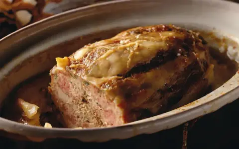 Tranche de terrine de canard dorée et appétissante, servie dans un plat en céramique.