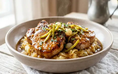 Délicieuse côte de porc charcutière, nappée d'une sauce onctueuse, servie sur un lit de purée et garnie de cornichons et d'oignons grelots.