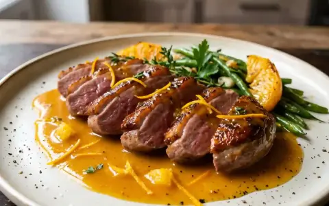 Délicieuse recette aiguillettes de canard à la poêle, nappées d'une sauce orange et accompagnées de haricots verts.