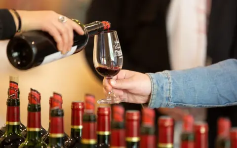 Service d'un vin rouge fruité et doux dans un verre, avec des bouteilles alignées en arrière-plan.
