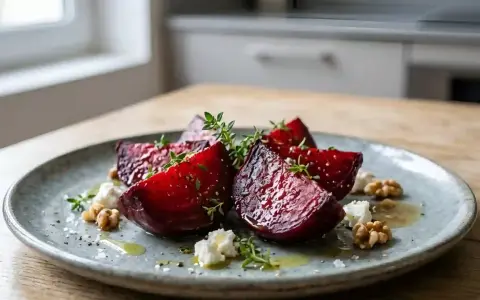 Assiette de betterave rouge cuite, garnie de fromage frais, noix et herbes. Une belle idée pour une recette betterave rouge cuite.