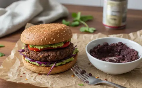 Burger végétarien savoureux avec avocat, tomate et chou rouge. Une recette facile à réaliser pour un repas sain et gourmand.