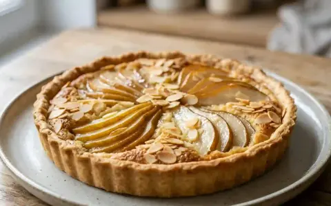 Une délicieuse amandine aux poires, garnie d'amandes effilées, sur une assiette en céramique.