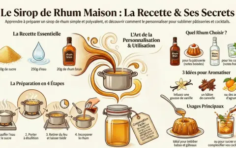 Recette de sirop de rhum maison : sucre, eau, rhum brun. Idéal pour imbiber babas et gâteaux, ou pour sucrer vos cocktails.
