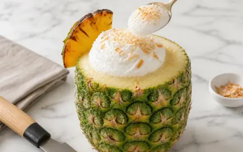 Un délice tropical : un pina colada sans alcool servi dans un ananas évidé, garni de crème et de noix de coco râpée.