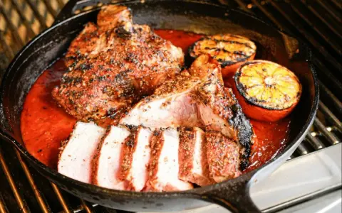 Un savoureux t bone de veau, coupé en tranches, mijote dans une sauce rouge avec des quartiers d'orange grillés dans une poêle en fonte sur un grill.