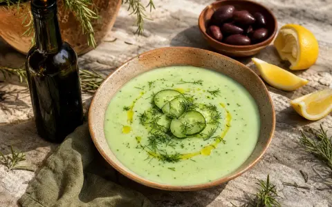 Un bol de soupe de concombre froide, garni de rondelles de concombre et d'aneth, avec des olives, du citron et une bouteille d'huile d'olive.
