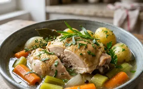 Un plat réconfortant : poule au pot façon grand-mère. Morceaux de poulet tendres, carottes, céleri, oignons et pommes de terre dans un bouillon savoureux.