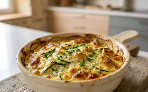 Un délicieux gratin de courgettes moelleux, doré et gratiné, garni de persil frais. Parfait pour un repas réconfortant.