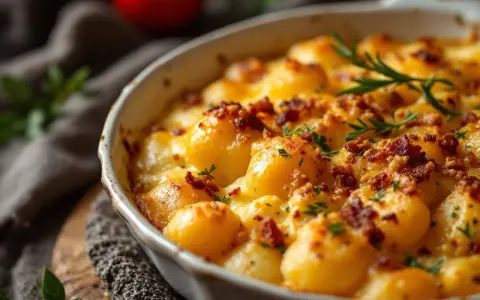 Un délicieux gratin de pommes de terre et lardons, doré et gratiné, garni de persil frais et d'une touche de romarin.