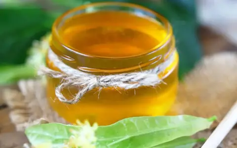 Un pot de sirop de tilleul doré, noué de cordelette, entouré de feuilles vertes et de fleurs de tilleul.