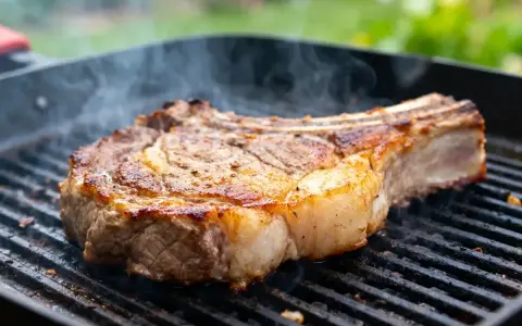 Une belle basse côte, saisie à la perfection sur le barbecue, dégage une fumée alléchante.