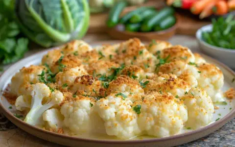 Un gratin de légumes facile et léger, composé de fleurettes de chou-fleur dorées et parsemées de persil frais.