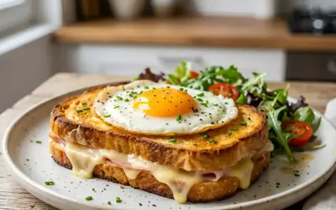 Un délicieux croque madame, avec son œuf au plat coulant, son jambon et son fromage fondant, servi avec une salade verte. Parfait pour une recette facile et gourmande.
