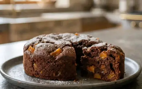 Gâteau chocolat abricot, saupoudré de sucre glace, avec une part coupée révélant des morceaux d'abricot juteux.
