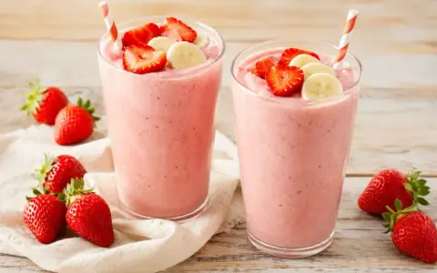 Deux verres de smoothie fraise banane, garnis de fruits frais. Parfait pour une pause gourmande et rafraîchissante.