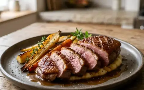 Magret de canard tranché, parfaitement cuit sur plancha, servi avec des carottes rôties et une purée onctueuse.