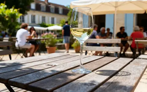 Verre de vin blanc sec ou moelleux sur une table en bois, avec des gens attablés en arrière-plan dans un jardin ensoleillé.