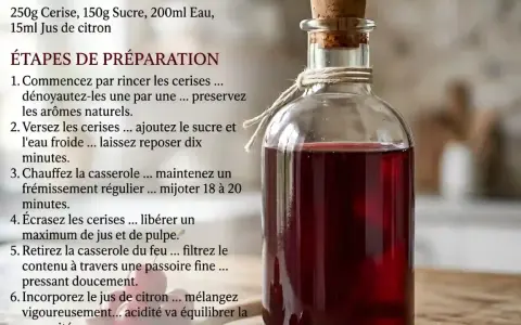 Bouteille en verre remplie d'un sirop fruité rouge, fait maison. Recette de sirop fruit rouge.