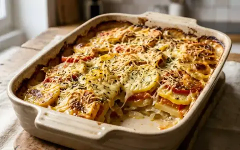 Gratin de pommes de terre et tomates, doré et gratiné, prêt à être dégusté.