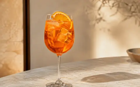 Une composition Aperol Spritz rafraîchissante, avec des glaçons et une tranche d'orange, sur une table en marbre baignée de soleil.