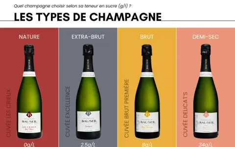 Quatre bouteilles de champagne Bausser : Nature (0g/L), Extra-Brut (2.5g/L), Brut (8g/L) et Demi-Sec (34g/L).
