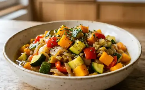 Un bol de ratatouille colorée avec courgette, tomate, poivrons et oignons, garni d'herbes fraîches.