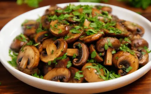 Champignons de Paris poêlés, parfaits pour une recette simple et savoureuse. Garniture de persil frais.