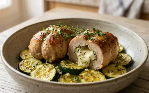 Une paupiette de dinde savoureuse, coupée en deux, révèle un cœur fondant de fromage et d'herbes, servie sur un lit de courgettes grillées.