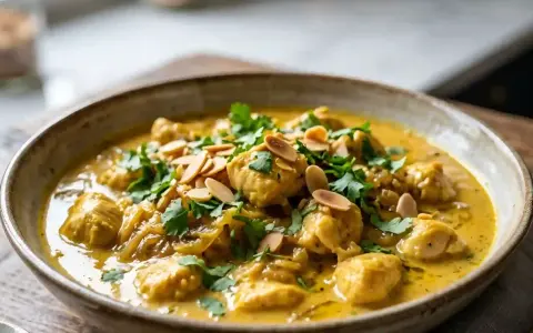 Un plat de poulet korma onctueux, garni de coriandre fraîche et d'amandes effilées. Une recette savoureuse à découvrir.