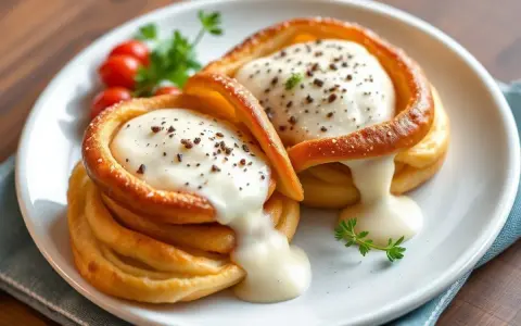 Deux vol-au-vent garnis d'une quenelle onctueuse, saupoudrés de poivre, accompagnés de tomates cerises et d'une touche de persil.