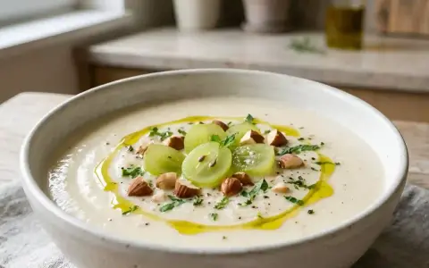 Un bol de ajo blanco crémeux, garni de raisins verts, d'amandes et d'un filet d'huile d'olive.