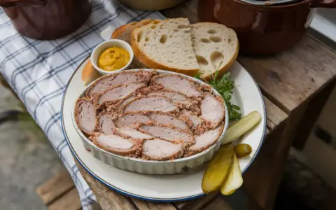 Tranches généreuses de rillettes de porc, servies avec du pain frais, de la moutarde et des cornichons. Un délice rustique.