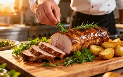 Un chef étoilé décore un filet mignon de porc rôti avec du romarin. Une recette qui promet un délice.