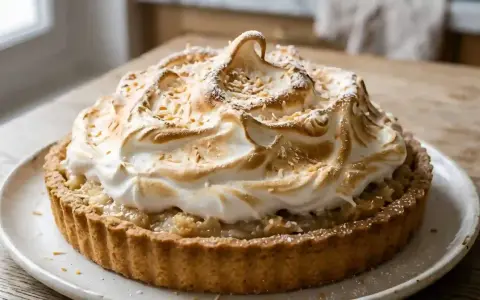 Une délicieuse tarte noix de coco avec une meringue dorée et aérienne, parsemée de copeaux de noix de coco grillés.