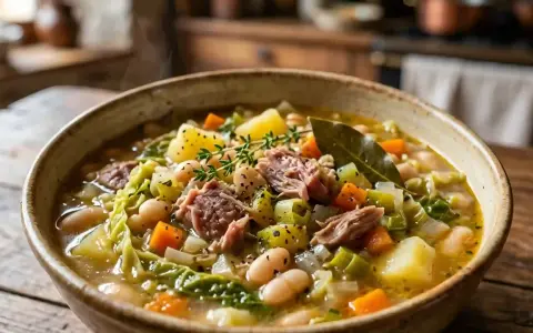 Un bol fumant de garbure, une recette facile et réconfortante avec des légumes, du porc effiloché et des haricots blancs.