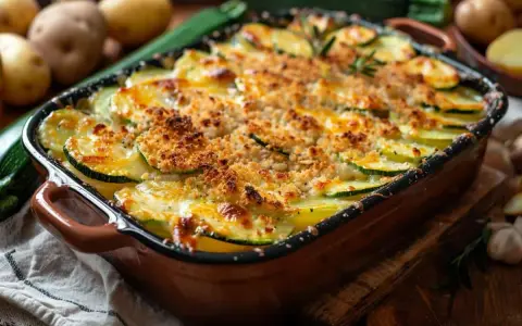 Un délicieux gratin courgettes pommes de terre, doré et croustillant, prêt à être dégusté.