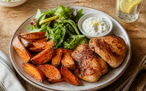 Un plat savoureux avec du poulet grillé, une salade fraîche et un accompagnement patate douce rôti, servi avec une sauce crémeuse.