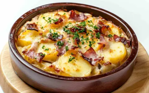 Un plat de tartiflette gratiné, avec des pommes de terre, du lard et du fromage fondu, parsemé de persil frais. Un délice à déguster avec un verre de vin blanc.